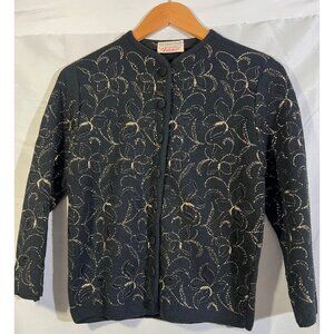 Featherknit Double Knit Sweater Acrylic Black with Gold Thread Details  …